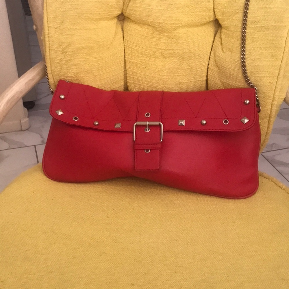 Red Studded Leather Shoulder Bag with Chain Strap